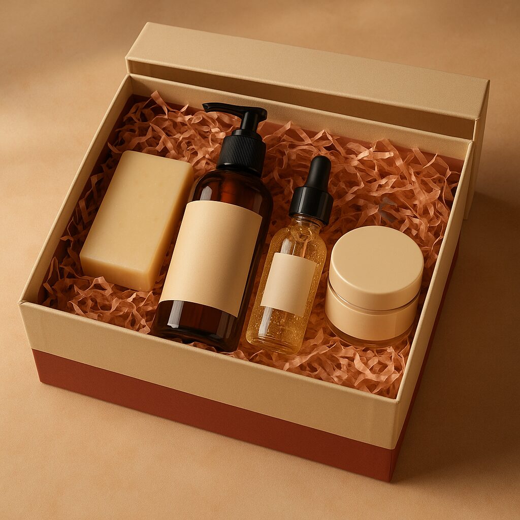 Coffret de produits de soin soigneusement emballé et personnalisé