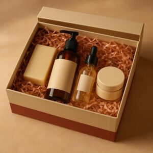 Coffret de produits de soin soigneusement emballé et personnalisé